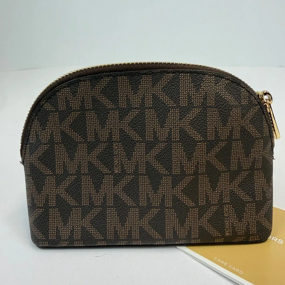 Michael Kors Brown Signature Logo Dragonfly Dome Cosmetic Pouch Bag Gold NEW